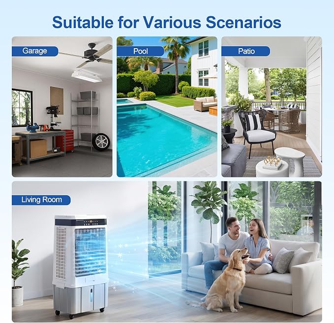 Uthfy 2800 CFM Portable Swamp Cooler, Evaporative Air Cooler for Room with 9.5 Gal Detachable Water Tank, 120 Oscillating Outdoor Cooling Fan, Remote, 12H Timer, 4 Ice Packs for Indoor, Garage, Patio