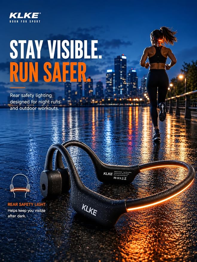 Open-Ear Bone Conduction Headphones for Running, Bluetooth Sports Headphones with Rear Safety Light, Dual Modes, Adjustable Fit, IP66 Waterproof, Mic, 10H Playtime for Gym Cycling