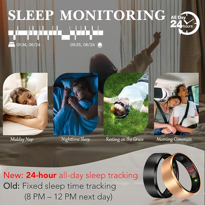 Smart Ring 2.0 for Women Men, Slim Scratch & Fingerprint Resistant Design, Advanced Chip Fitness Tracker, Sleep, Stress & Activity Monitoring, Waterproof, No Subscription Fees, Black 10