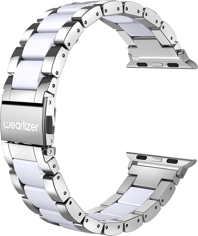 Wearlizer Silver Compatible with Apple Watch Band 38/40/41/42mm, Fashion Womens Men Stainless Steel Strap White Resin Wristband Replacement Metal iWatch Series 11 10 9 8 7 6 5 4 3 SE/Ultra 3 2 1