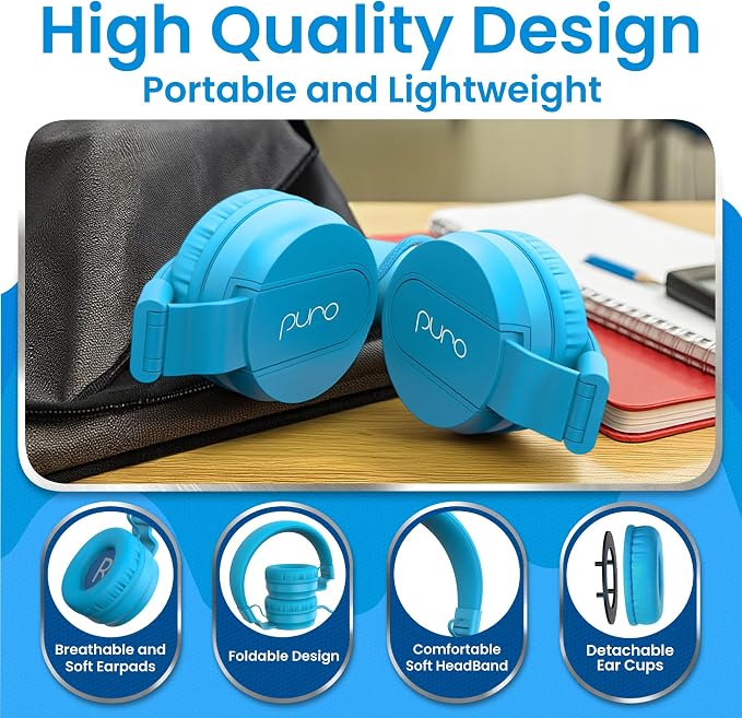 Puro Sound Labs Kids Wired Headphones – Volume-Limiting & Adjustable, Safer & Comfortable Headphones for Kids – Compatible with PCs, Smartphones & Tablets, Ideal for School & Travel – PuroBasic, Blue