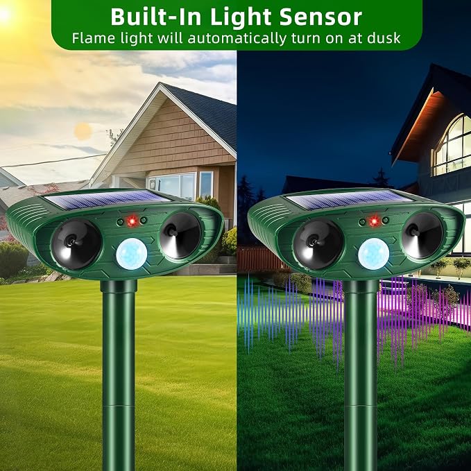 4Pack Solar Ultrasonic Animal Repellent Outdoor Deer Repellent Devices Motion Detection for Squirrel Raccoon Rabbit Dog Cat Deterrent Keep Rodent Chipmunk Away from Yard Lawn