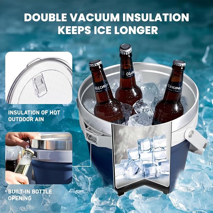 COKTIK 7L Insulated Ice Bucket with Lid，Double Wall Vacuum Stainless Steel Beverage Bucket Keeps Frozen Longer，Holds 6 Longnecks or 3 Bottles of Wine，for Cocktail, Champagne(No Accessories, Navy)