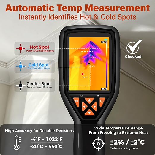 Handheld Thermal Imaging Camera 320×240 Super Resolution, 25HZ Refresh Rate, High/Low Temp Alarm, 8H Battery Life for Water Leak Detection, Hidden Moisture and Home Inspection