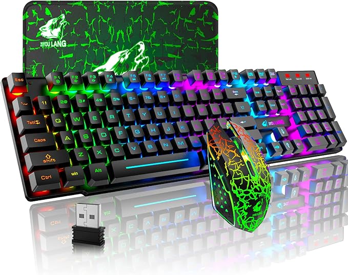 Wireless Gaming Keyboard and Mouse Combo Rechargeable 4000mAh Battery Rainbow Backlit Quiet Ergonomic Mechanical Feeling Anti-Ghosting 2400 DPI Mouse and Mousepad 3 in 1 Set for PC Laptop Mac