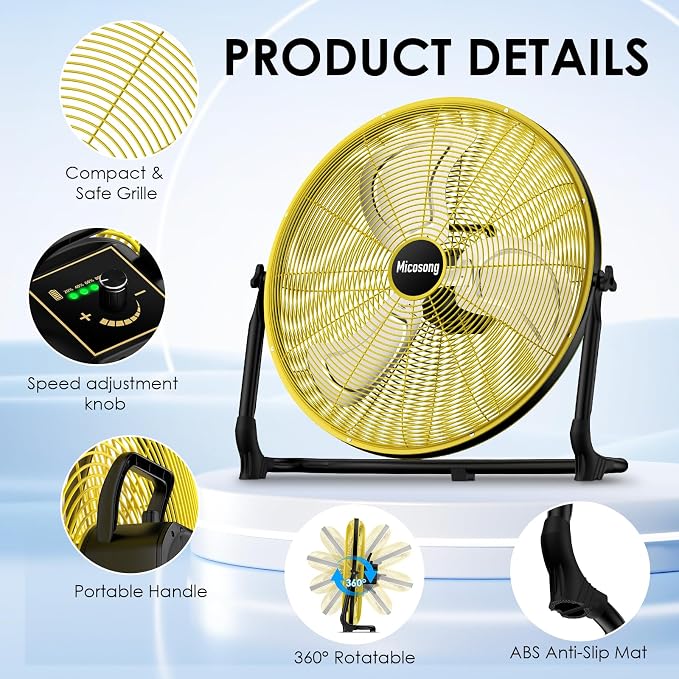20" Large Battery Fan, Portable Battery Operated Floor Fan, Rechargeable Battery Powered Fan Outdoor, 360° Tilt, USB Output, Wireless, Hi-Airflow, for Home Garage Greenhouse Outside Gym