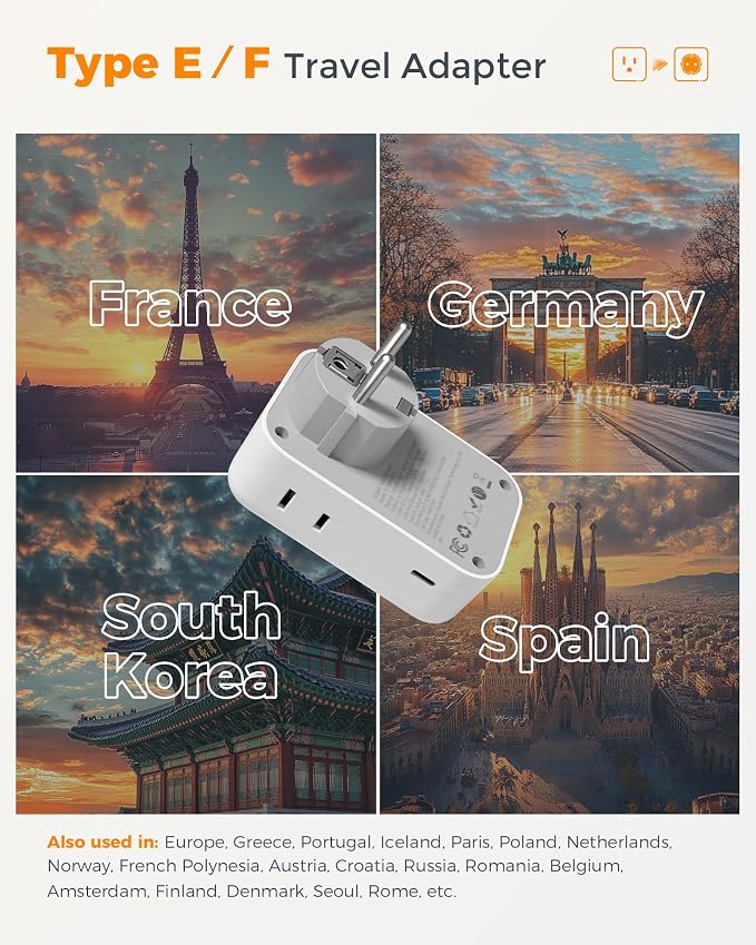 TESSAN Type F Plug Adapter 2 Pack, 28W Germany France Travel Plug Adapter with 4 Outlets 5 USB Ports (3 USB-C), Type E Power Adaptor for US to Europe Spain Iceland Greece South Korea Russia Norway