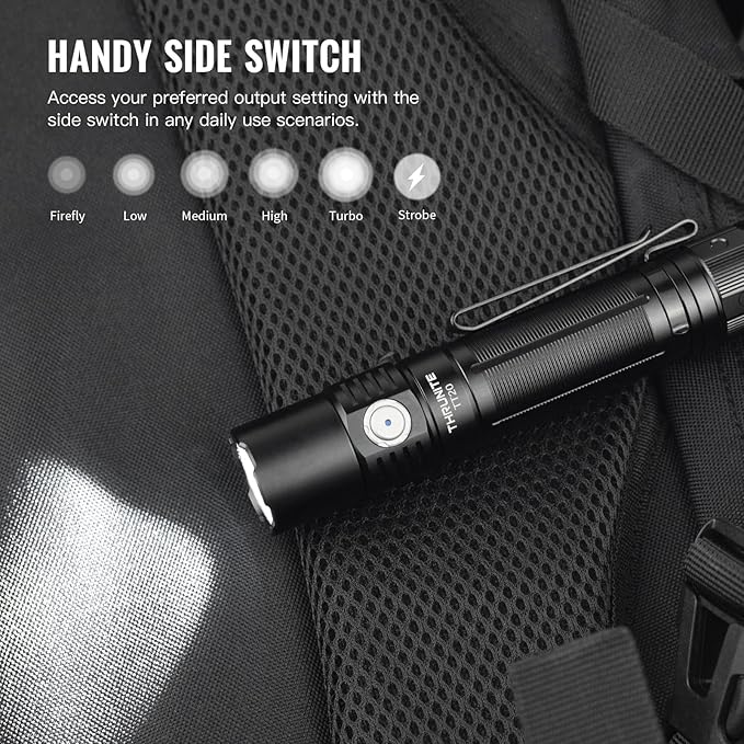ThruNite TT20 Tactical Flashlight, 2010 Lumens High Power LED Flashlight, USB-C Rechargeable Flashlights with Dual Switch & 6 Modes, IPX8 Aluminum Handheld Light for Hunting Camping Emergency