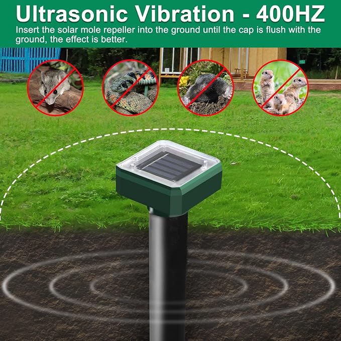 Mole Repellent Solar Powered, 6 Pack Solar Mole Repellent Ultrasonic for Vole, Snakes, Gopher, Waterproof Sonic Vole Deterrent Spikes,Snake Gopher for Garden and Yard