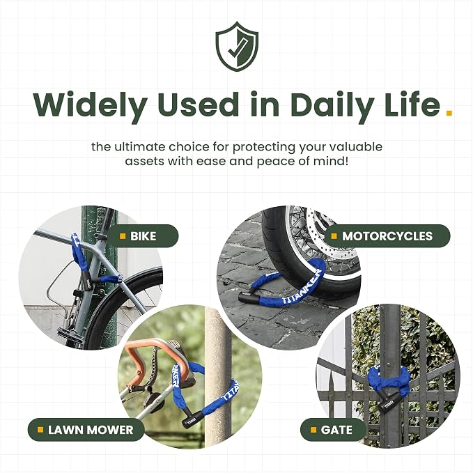 Titanker Bike Chain Lock with Keys, 3.3 Feet Security Heavy Duty Anti-Theft Bicycle Chain Locks for Bike, Motorcycle, Bicycle, Door, Gate, Fence, Grill (6mm, 8mm, 10mm Thick Chain)
