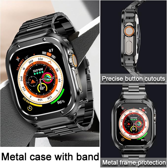 MioHHR Stainless Steel Band and Case Compatible with Apple Watch Band 49mm, Men Metal Protective Bumper Cover for iWatch Series Ultra 3/2/1, Black