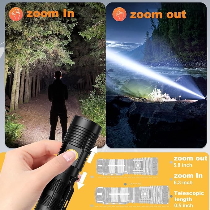 Hoxida Rechargeable Flashlights High Lumens - 1500 Meters Long Beam Super Bright LED Magnetic Flashlight USB Zoomable 5Modes Small Long Beam Spotlight Flashlight for Hiking, Camping, 4pcs