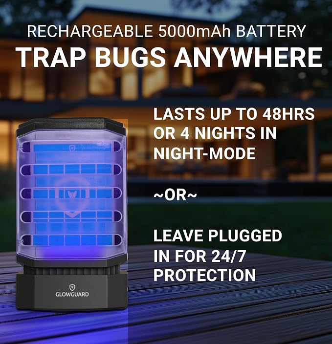 GlowGuard-X Rechargeable Indoor Fly Trap & Gnat Killer, Multi-Purpose Mosquito Trap and Shockless Indoor Bug Zapper, Includes 1 Device + 4 Glue-Card Refills, 48hr Battery Life, Black