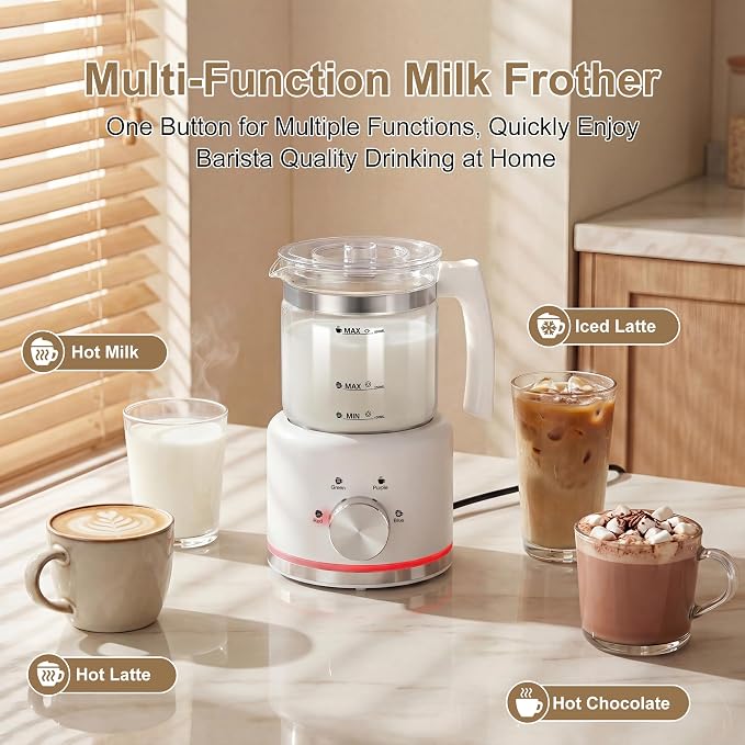 Milk Frother, 16.9 OZ Milk Frother and Steamer, 4 in 1 Electric Milk Frother Dishwasher Safe Durable Silent Frother for Coffee Hot and Cold Foam Maker (White Glass)