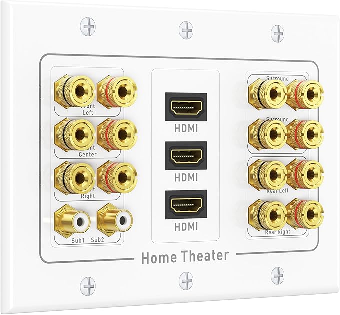Cable Matters Triple Gang 7.2 Speaker Wall Plate with HDMI, Home Theater Wall Plate, Banana Plug FacePlate, White