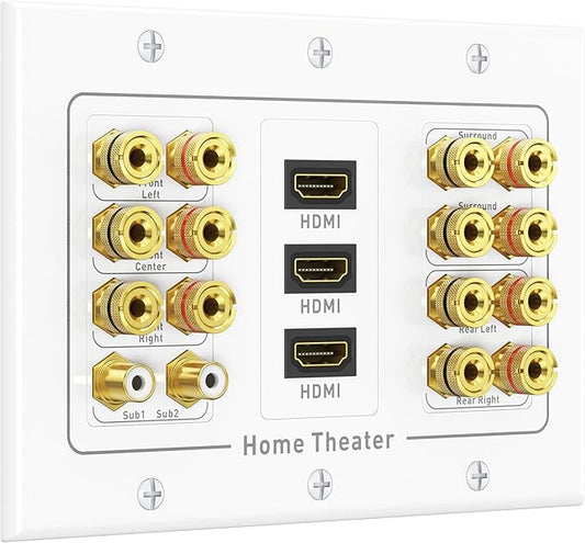 Cable Matters Triple Gang 7.2 Speaker Wall Plate with HDMI, Home Theater Wall Plate, Banana Plug FacePlate, White