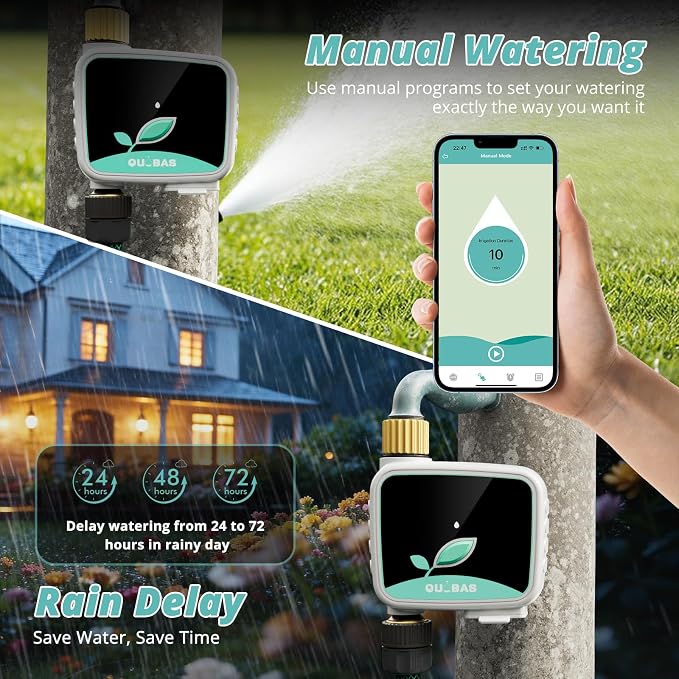 QUOBAS WiFi Water Timer for Garden Hose, 1 Zone Brass Smart Hose Timer with App Control & Rain Delay/Auto/Manual 3 Modes for Drip Irrigation, Pool & Lawn, Battery Powered, 2.4GHz WiFi Only