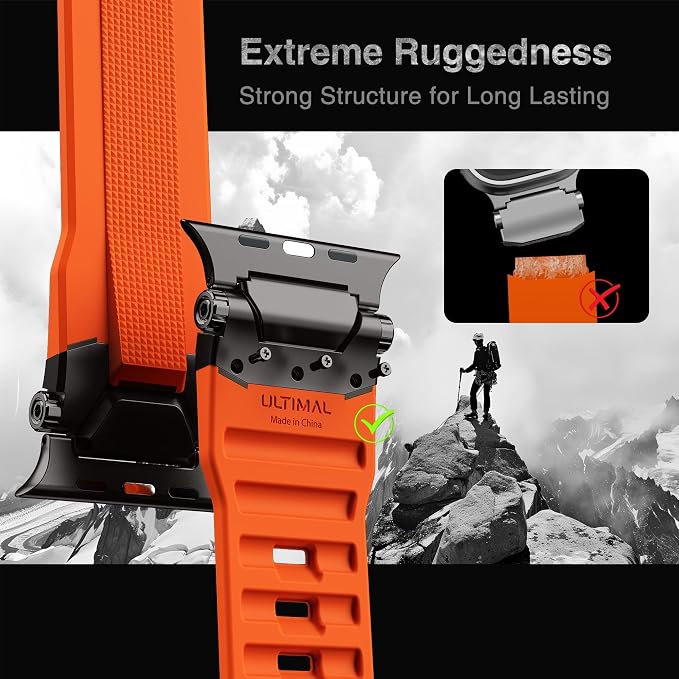 ULTIMAL Rugged Band for Apple Watch Ultra 3/2/1 49mm, Series 11/10/9/8/7/6/5/4 SE 46mm/45mm/44mm, Waterproof, Soft TPU Strap with Stainless Steel Buckle & Connectors, Sweat-Resistant, Easy to Clean, Fits 155-225mm Wrist (Black/Orange)
