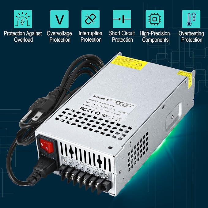 MEISHILE 60V 20A 1200W Switching Power Supply Adapter AC to DC Transformer Converter for LED Driver Strip Light Lamp, Machine, 120V 110V to 60Volt 5A 8A 10A 15A 16Amp
