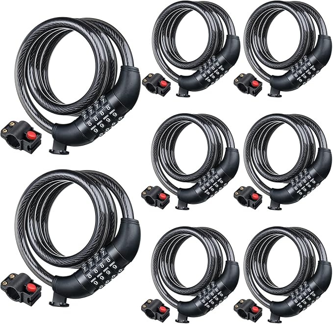 Hotop 8 Pcs Bike Locks Bulk High Security 4 Digit Heavy Duty Bicycle Cable Locks with Mounting Bracket 4 Ft Resettable Coiling Bike Lock with Combination, 1/2 Inch Diameter(Black)