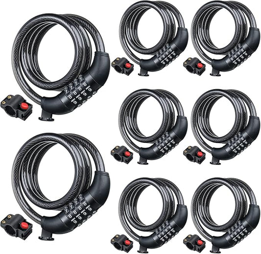 Hotop 8 Pcs Bike Locks Bulk High Security 4 Digit Heavy Duty Bicycle Cable Locks with Mounting Bracket 4 Ft Resettable Coiling Bike Lock with Combination, 1/2 Inch Diameter(Black)