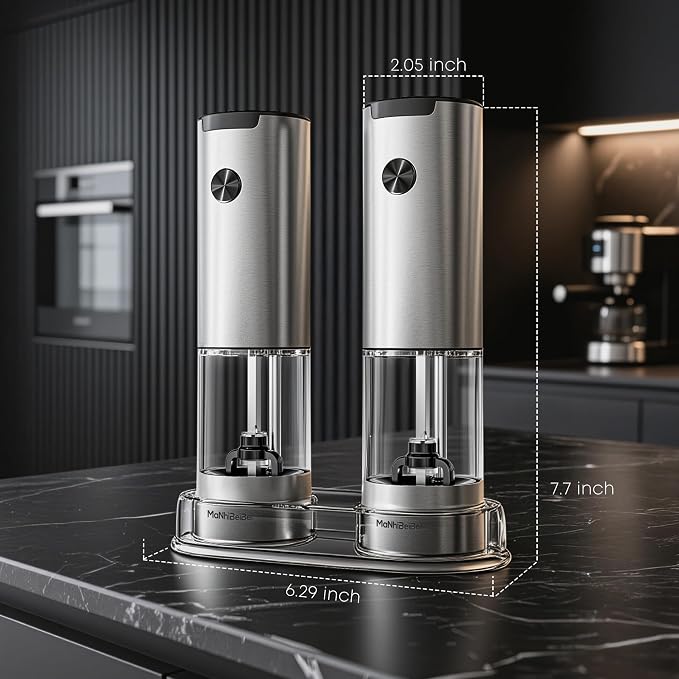 2 Pack Electric Salt Pepper Grinder, One Hand LED Ceramic Burr Adjustable Grind Kitchen Gift