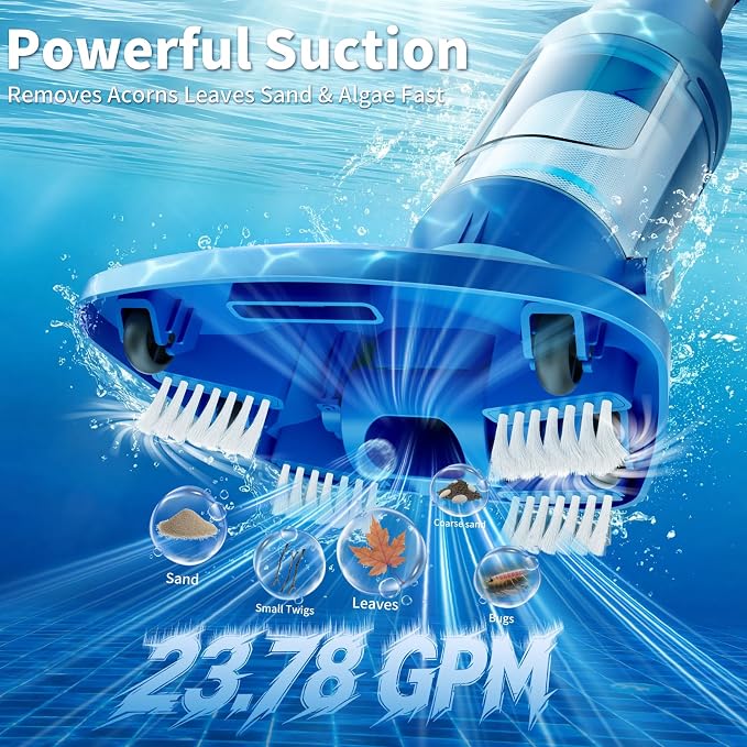 Cordless Pool Vacuum for Inground & Above Ground Pools: 23.8 GPM Powerful Stable Suction, Telescopic Pole up to 90.6", 60-Min Runtime, Extra-Large Filter & Rechargeable Pool Cleaner for Spas/Hot Tubs