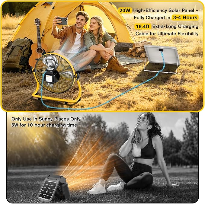 14" Solar Powered Fan with 20W Solar Panel & Rechargeable Battery, Portable, Quiet 12 Speed, 360° Tilt Head for Outside, Camping, Travel, Greenhouse, Chicken Coop, Patio, gazebo (Yellow)