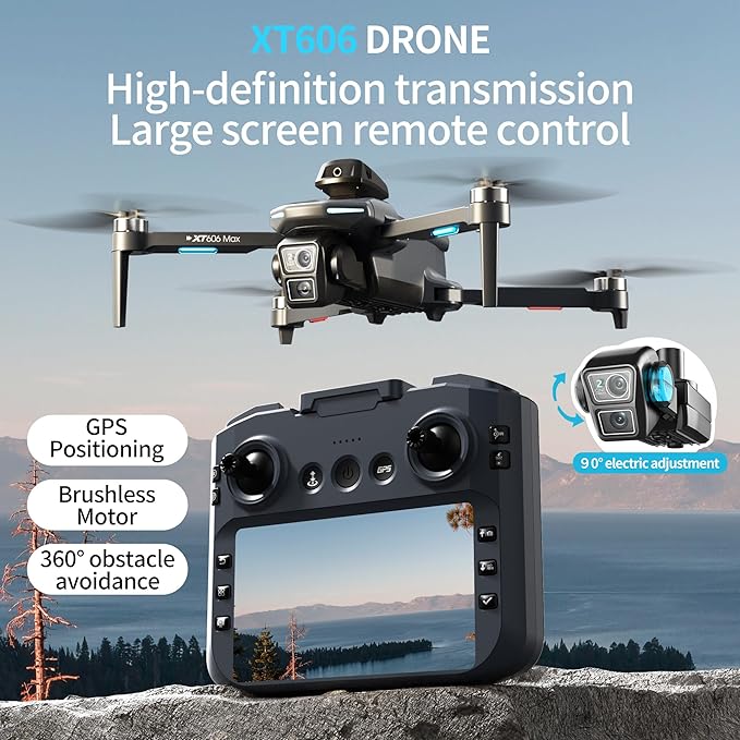 GPS Drone with HD Dual Camera, Brushless Motor & 5 Inch Screen Remote, EIS Anti-Shake Gimbal, Obstacle Avoidance & Optical Flow Positioning, under 250g Lightweight XT606 FPV Drone for Beginners Adults