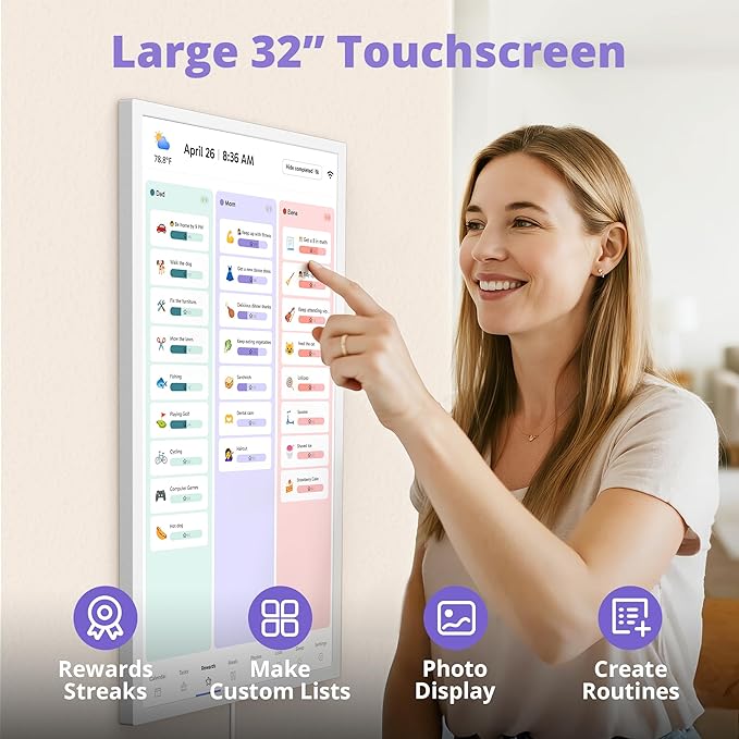 Digital Calendar 32 Inch Touch Screen, Electronic Wall & Desk Calendar Chore Chart for Monthly/Weekly Family Planner and Rewards, 1080P Interactive Display Smart Calendar for Home Organization - White