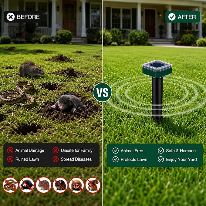4 Pcs Mole Repellent Solar Powered Ultrasonic Snake Repellent for Yard Skunk Vole Gopher Armadillo Rabbit Groundhog Chipmunk Raccoon Repellent for Lawns, Garden, Outdoor Waterproof Sonic Detterent