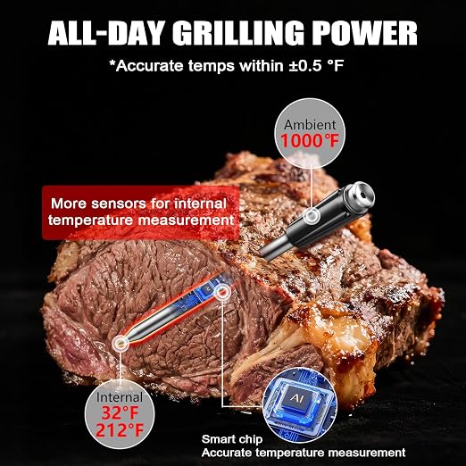 Bluetooth Wireless Meat Thermometer, No App Needed, 800FT Range, Dual Ultra-Thin Probes, IP67 Waterproof, HD Touch Screen - Perfect for BBQ, Grill, Oven, Smoker & Kitchen Cooking