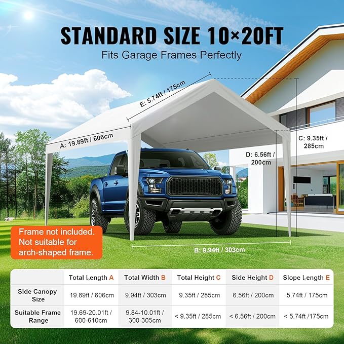 VEVOR Carport Replacement Canopy Cover 10 x 20 ft, Garage Top Tent Shelter Tarp Heavy-Duty Waterproof & UV Protected, Easy Installation with Ball Bungees,White (Only Top Cover, Frame Not Include)
