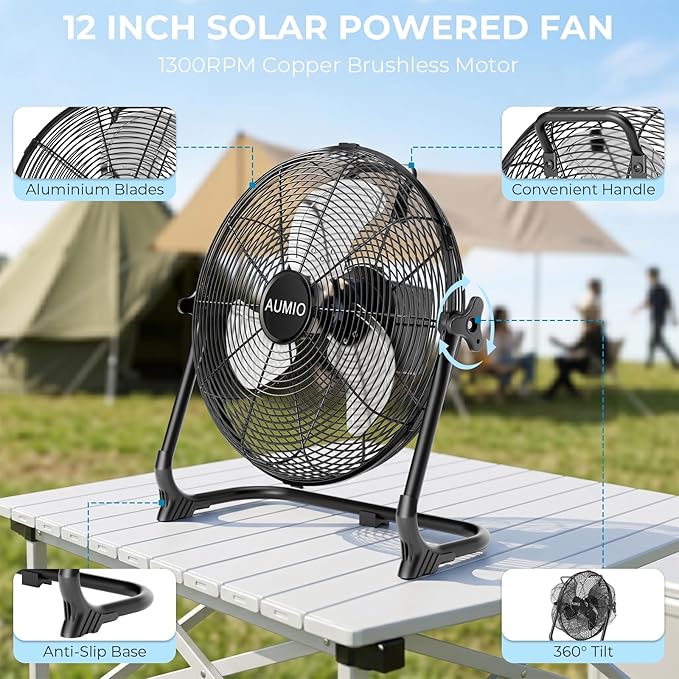 AUMIO 12" Solar Powered Floor Fan, Portable Rechargeable Battery Operated Solar Fan with 13200mAh & 1500 CFM Airflow, Cordless Camping Fan with USB Output, 4.5-27H Runtime for Power Outage, RV, Patio