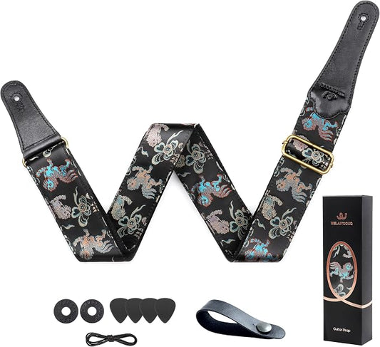 Guitar Strap, Electric& Acoustic bass guitar straps,embroidered filament with Head Cowhide Leather strap, with Free Strap Button,2 guitar Strap Locks，4Guitar Pick (birds and flowers)