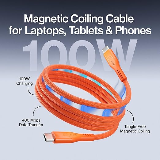 Statik MagStack Pro USB C to USB C Cable, Magnetic Type C Charger Fast Charging Cord, On The Go Magnetic Charging Cable for Car, Compatible with iPhone, iPad & Android, Orange 100W 6FT, 5 Pack