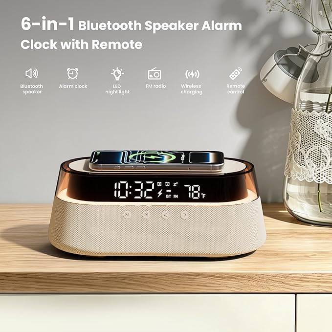 6-in-1 Bluetooth Speaker Alarm Clock with Remote, 15W Fast Wireless Charger, FM Radio & Dimmable LED Night Light, Dual Digital Clock for Bedroom Home Office, Ideal Gifts for Him, Men Women