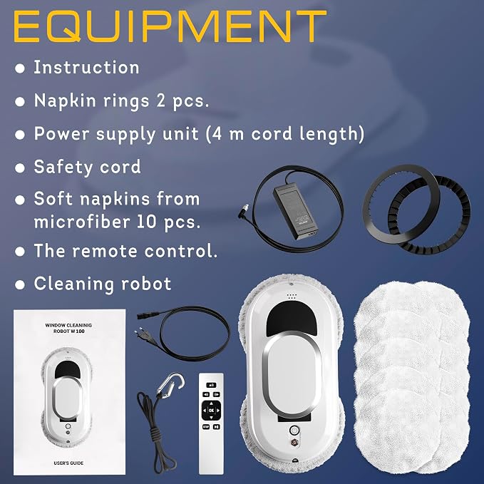 APQ Supply White Automatic Window Cleaner Robot W100, 11.8 x 5.9 x 4.7 Inch, 3 Cleaning Modes, 10 Cloth Pads, Window Glass Vacuum Cleaner, Quiet 72dB