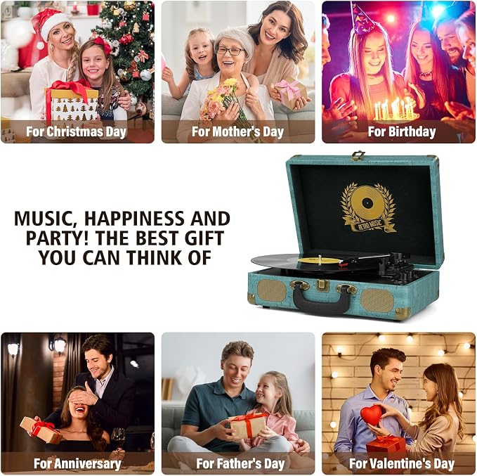 Vinyl Record Player 3-Speed Bluetooth Suitcase Portable Belt-Driven, Supports Bluetooth, RCA Output, 3.5mm aux-in and Headphone Jack and MP3, Mobile Phones Music Playback