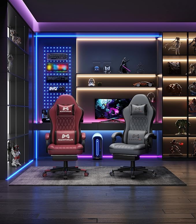 Gamtimer Gaming Chair with Footrest, Ergonomic Computer Chair, PU Breathable Material with Headrest and Lumbar Support, Suitable for Silla Gamer and Adults