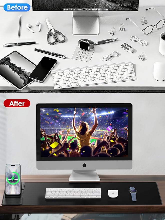 Wireless Charging Mouse Pad with Foldable Phone Holder, 15W Magnetic Fast Charging for iPhone Samsung, 31.5"x15.75" Large Desk Mat for Laptop/Keyboard, Waterproof Gaming Mousepad with Non-Slip Base