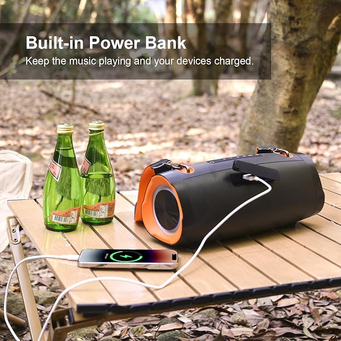 DOSS Extreme Boom Pro D100 Bluetooth Speaker with 140W Peak, 70W Bold Sound, Extra Bass, 24H Playtime, Beat-Sync Lights, Built-in Power Bank, IPX6 Waterproof, Portable Strap for Hiking, Camping-Orange