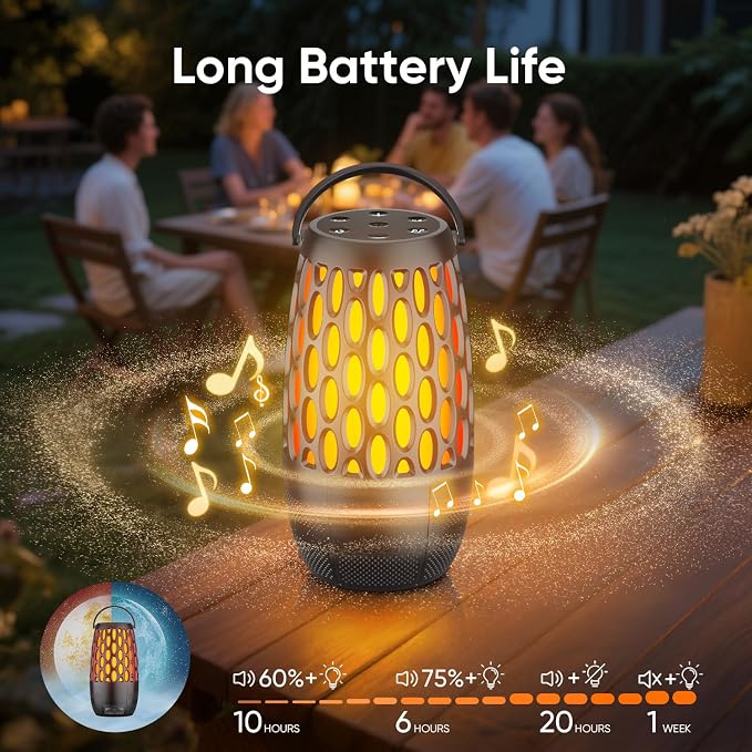 Outdoor Speakers, Portable Wireless Speaker with Flame Lights, Multi-Sync up to 100 Speakers Auto-Pairing HD Stereo Sound Waterproof, Hook for Patio Yard Porch, Gifts for Men Women