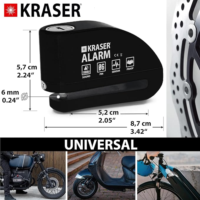 KRASER 6Y Alarm Disc Lock, Reinforced Disc Brake Lock with 3 Keys (Others 2), Heavy Duty Anti-Theft Motorcycle with Alarm,110dB, Weather-Resistant, Reminder Cable, Pouch, Motorbike Moped E-Bike