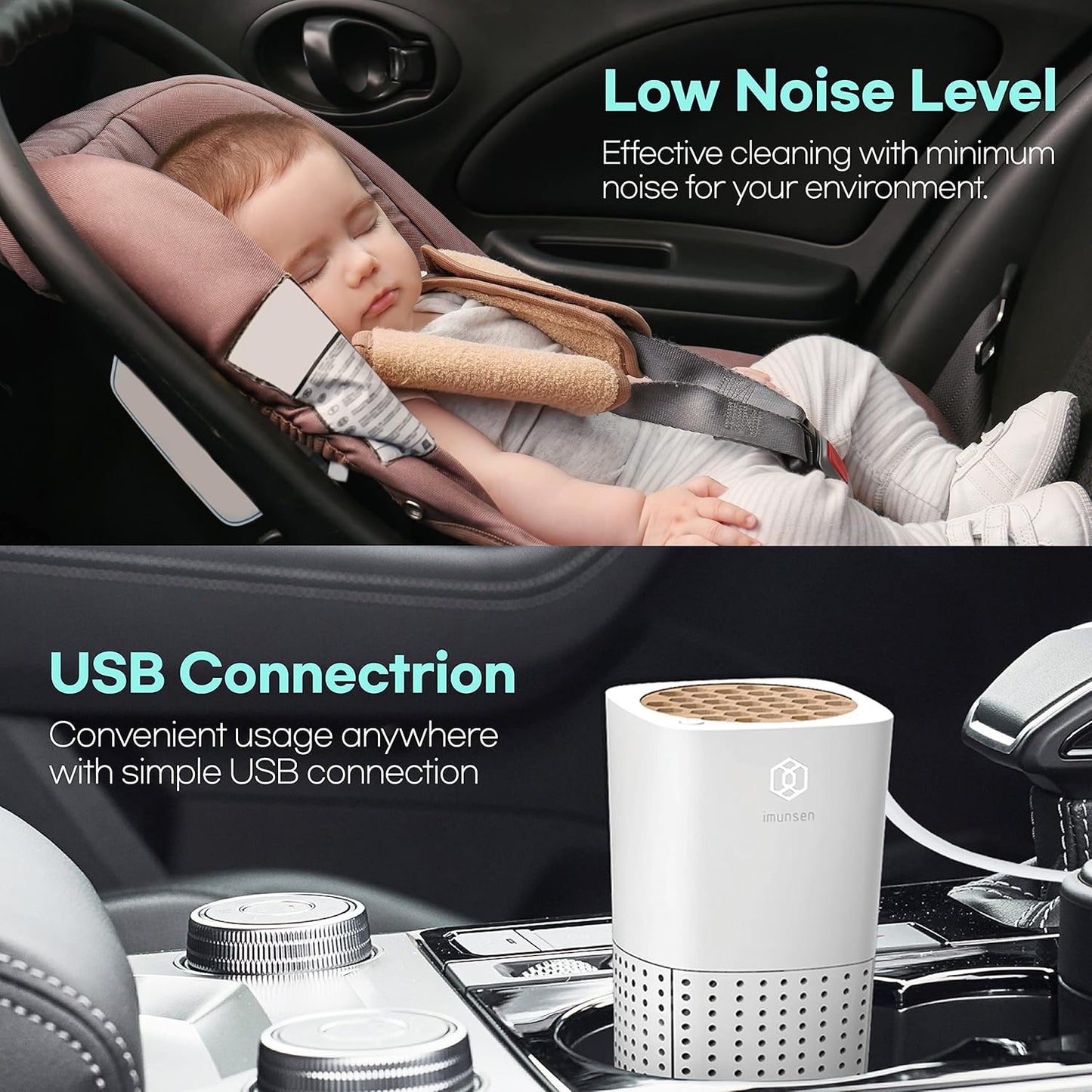 IMUNSEN M-003W True HEPA 13 Filter Air Purifier for Car, Desk, and Office with Carbon Deodorization Filter, 4-Stage Filtration, Smoke, Odors, Allergens, USB Port 5V, Made in Korea - White