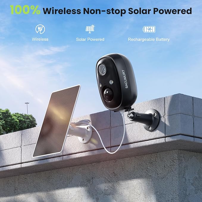 Solar Security Cameras Wireless Outdoor, Free Cloud Storage, 2.4G WiFi Camera Outdoor Wireless, Cameras for Home Security with Motion Detection, 2K HD, Color Night Vision, Works with Alexa, 2 Packs