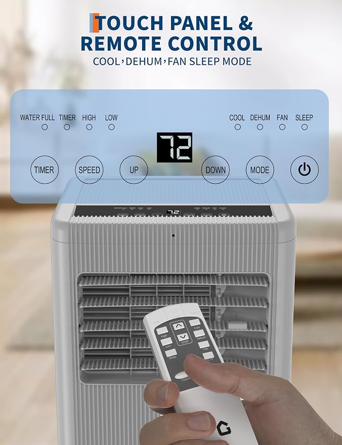 GarveeTech 10000 BTU Portable Air Conditioner, Quiet 3 in-1 Cooling Unit for Rooms Up to 450 Sq.Ft, Includes Dehumidifier & Fan Modes, Remote Control, Sleep Mode – Perfect for Bedrooms & Apartments