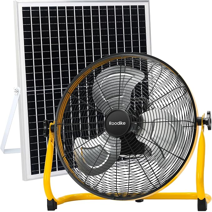 18" Solar Rechargeable Floor Fan, 35W Solar Powered Battery Operated Fans for Outdoor Garden Greenhouse Barn Stable Camping Garage Air Circulation Cooling