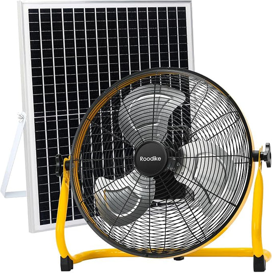 18" Solar Rechargeable Floor Fan, 35W Solar Powered Battery Operated Fans for Outdoor Garden Greenhouse Barn Stable Camping Garage Air Circulation Cooling
