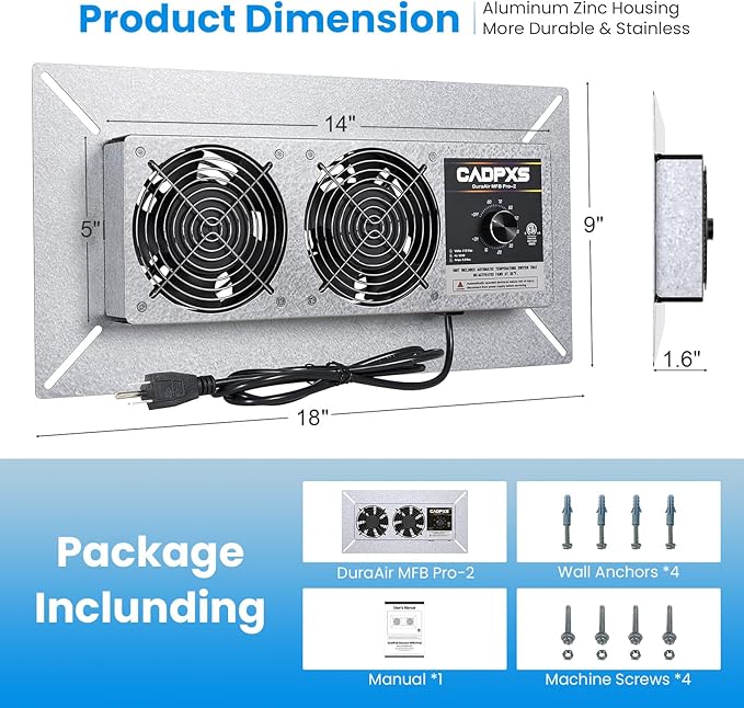 CADPXS Crawlspace Ventilation Fan, Crawlspace Fan Vent with Humidistat, Dehumidistat & Freeze Protection Thermostat, for Crawl Spaces/Basement/Garage/Attic/Hydroponics Grow Tents (220 CFM Air Out)